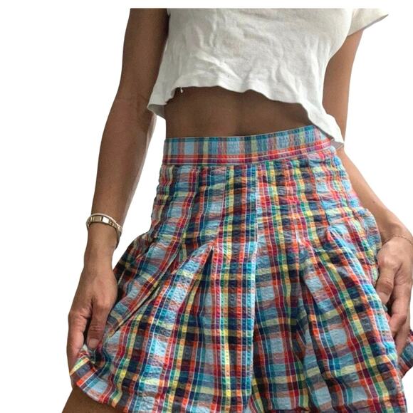 NEW URBAN OUTFITTERS Plaid Pleated Mini Skirt S Rainbow Seersucker Twee Preppy - Picture 1 of 11